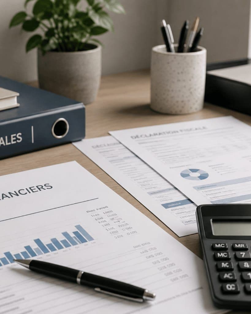 Une déclaration fiscale et des états financiers posés près d’une calculatrice.