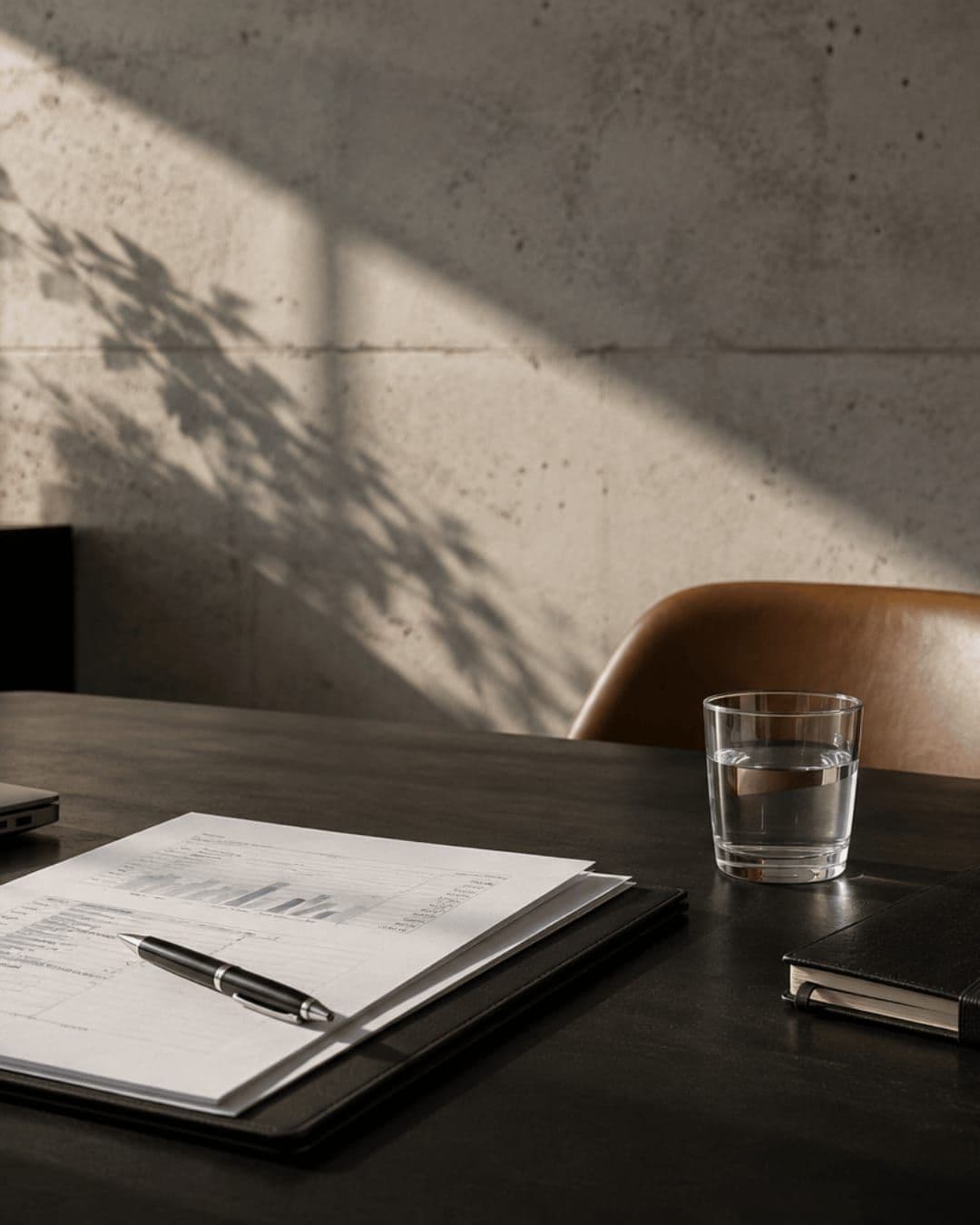 Un dossier ouvert et un stylo sur une table sombre, dans la lumière rasante d’une fin de journée.