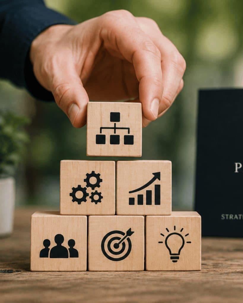 Une main pose un bloc portant un organigramme au sommet d’une pyramide de blocs.