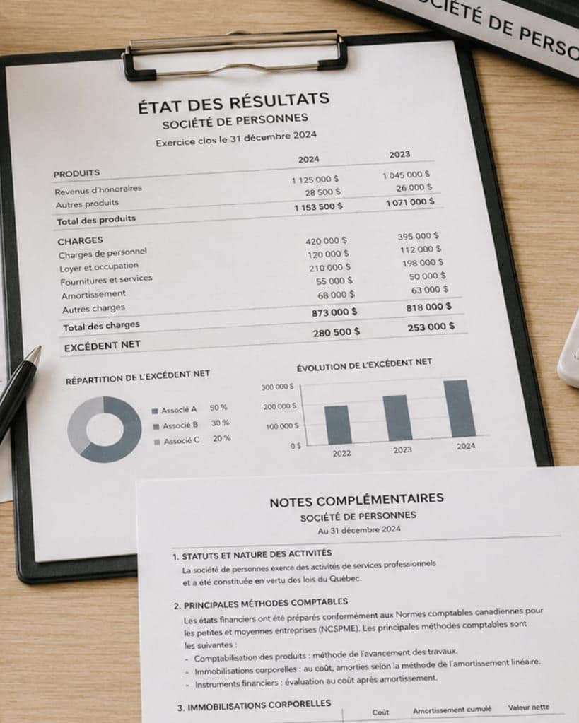 Un état des résultats de société de personnes sur une planchette, avec ses notes complémentaires.